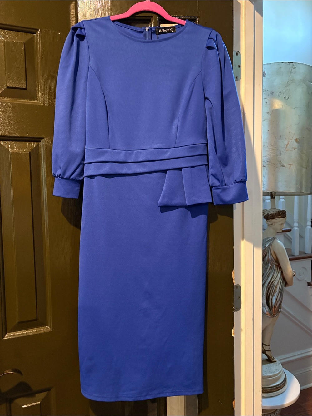 Allegra K Royal Blue Midi Sheath Dress with Pleated Waist Detail